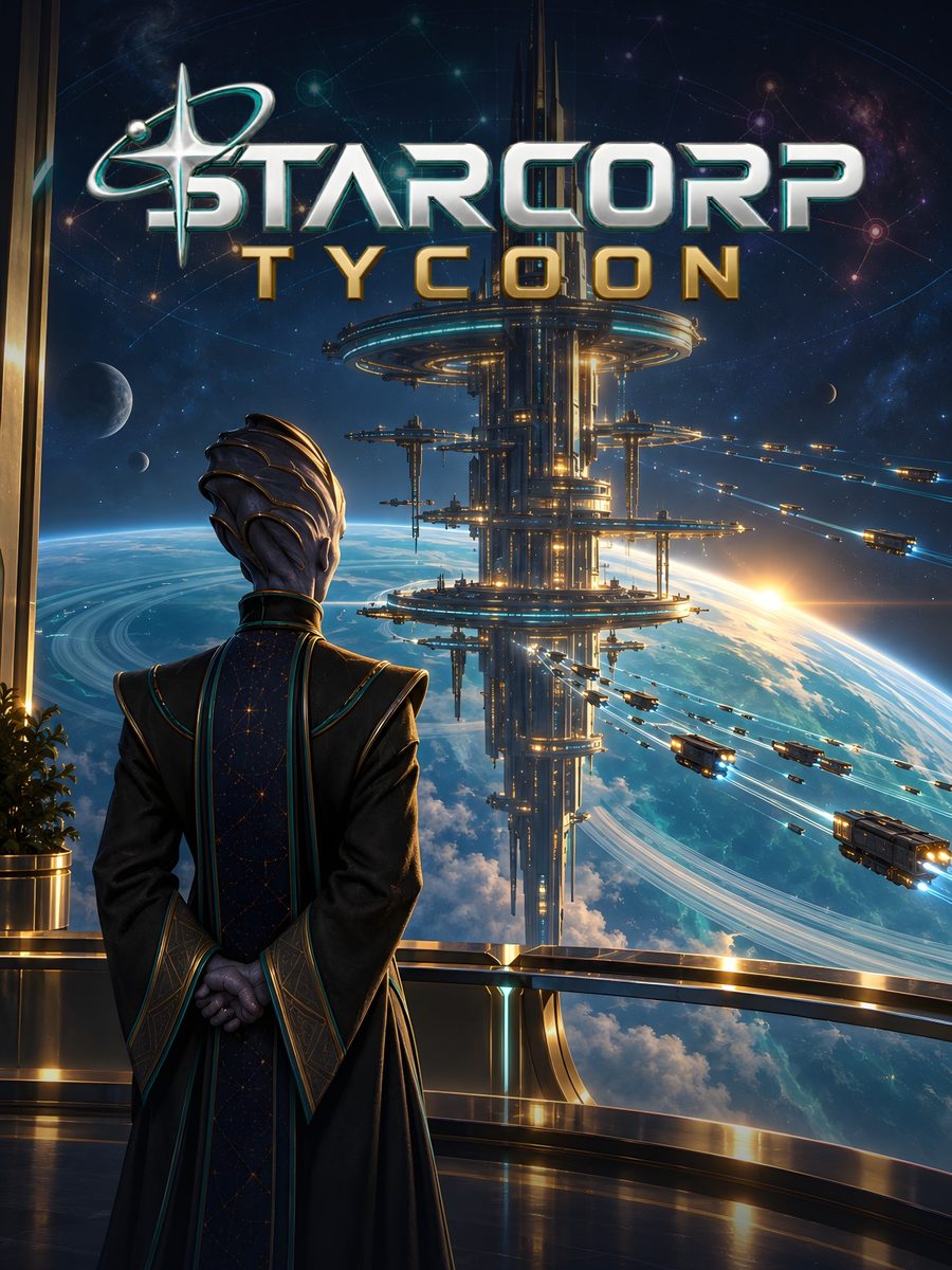 Starcorp Tycoon key art: a corporate leader looks out over an orbital tower and cargo ships above a planet